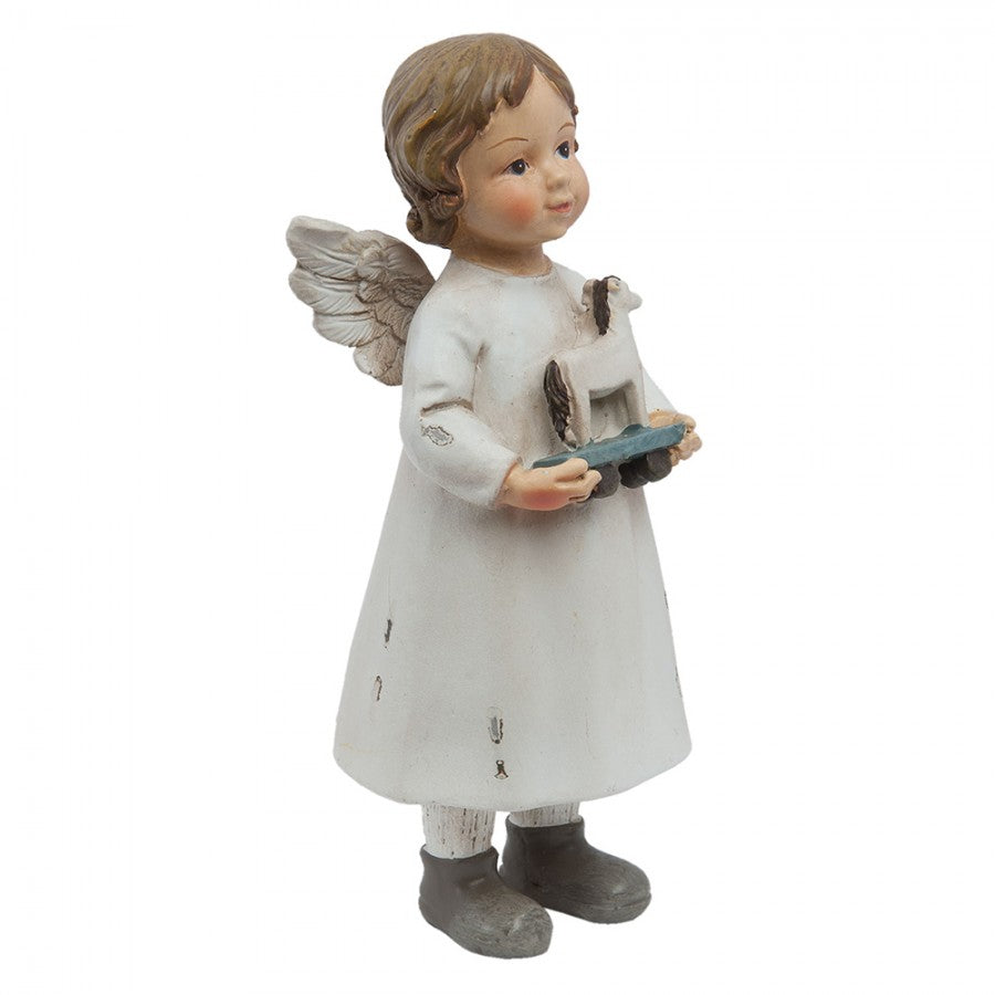 Polyresin-Dekorationsfigur Engelmädchen mit Rollpferd Weiß 6x5x14 cm von Clayre & Eef (6PR1133)