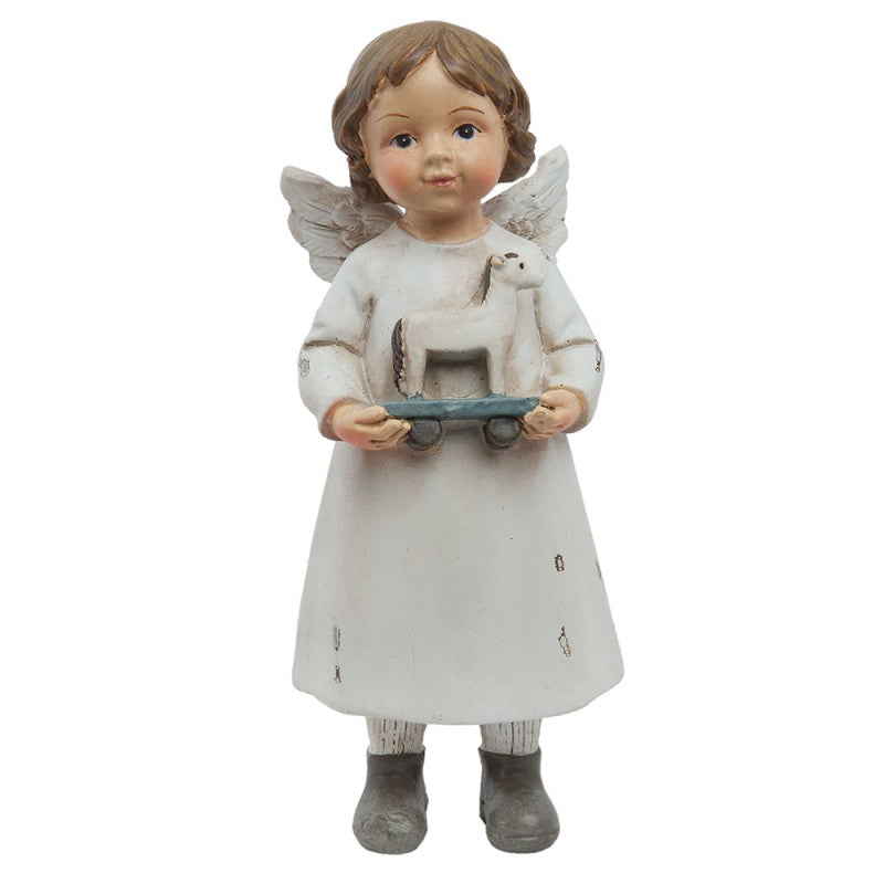 Polyresin-Dekorationsfigur Engelmädchen mit Rollpferd Weiß 6x5x14 cm von Clayre & Eef (6PR1133)