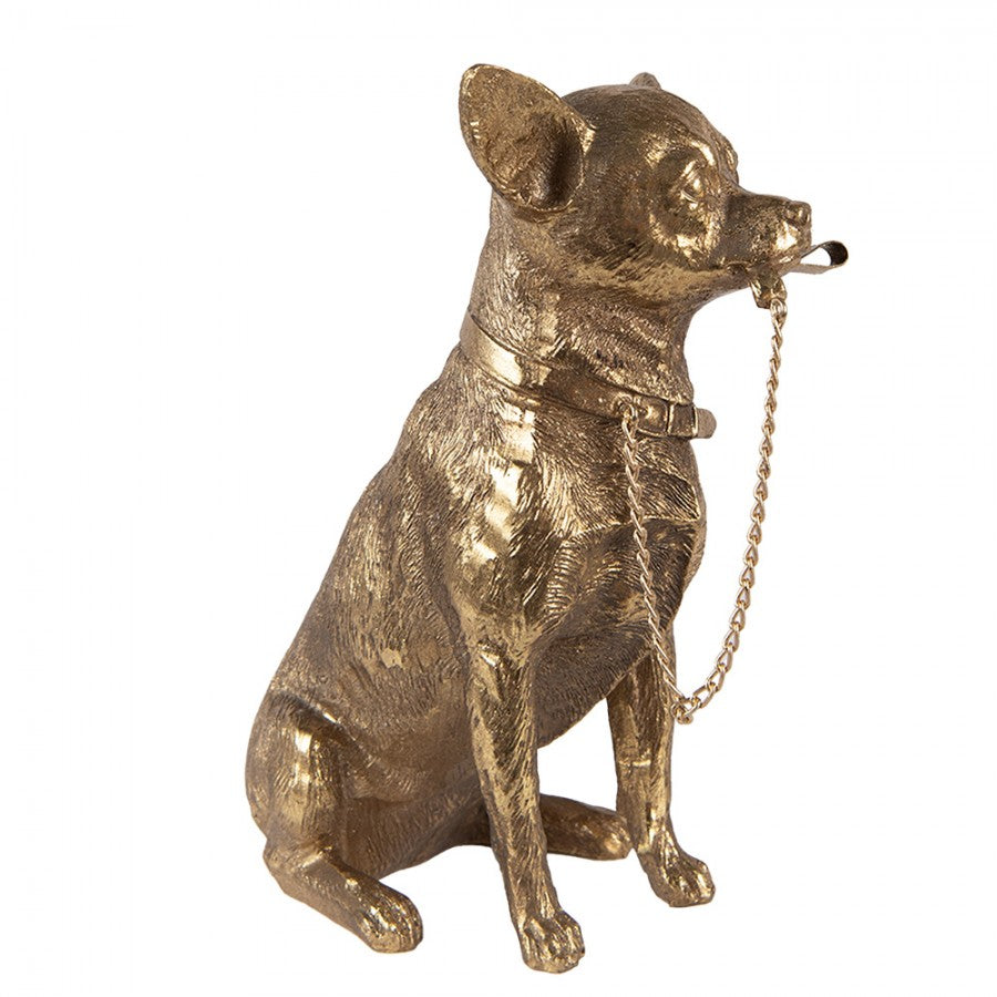 Dekofigur Hund Chihuahua sitzend mit Halsband & Leine Polyresin Antikgold 13x9x18 cm von Clayre & Eef (6PR3429)