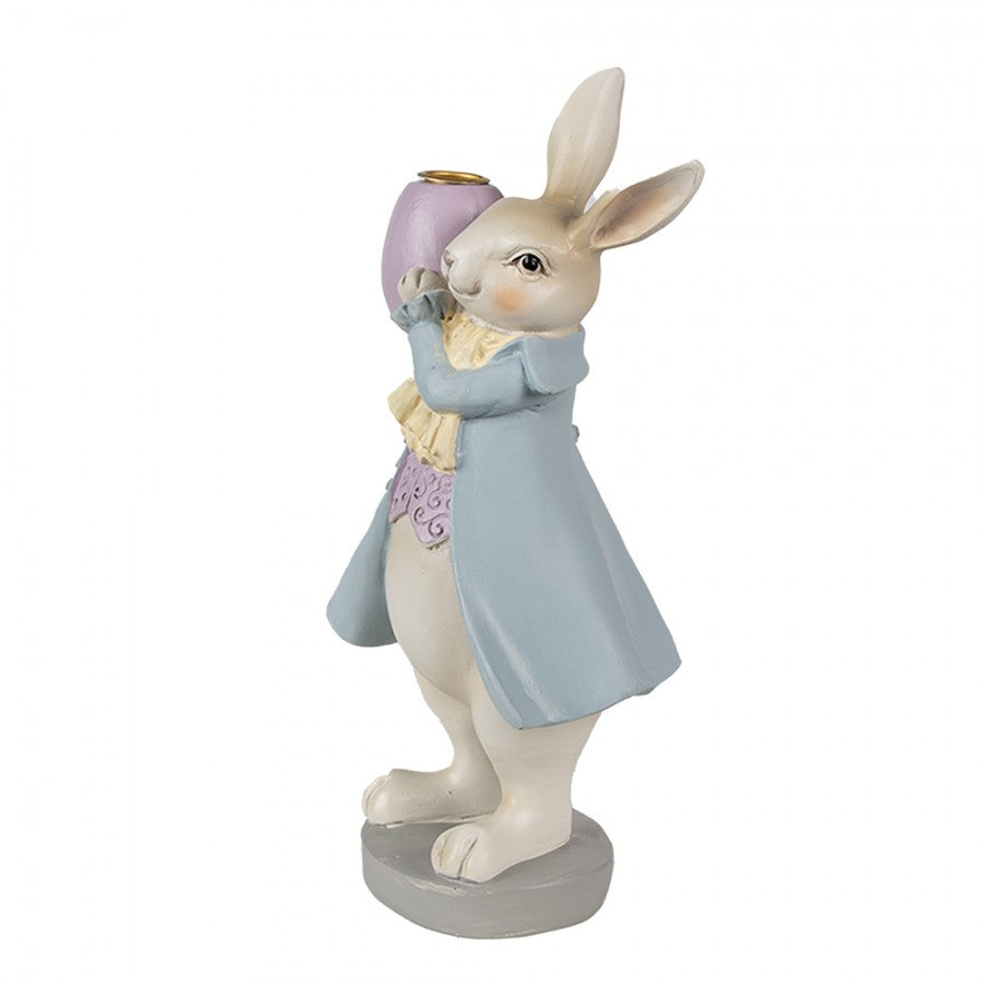 Osterhase Kerzenhalter Herr Hase im Frack mit Osterei Beige-Blau 10x8x20 cm Polyresin für Stabkerzen von Clayre & Eef (6PR4013)