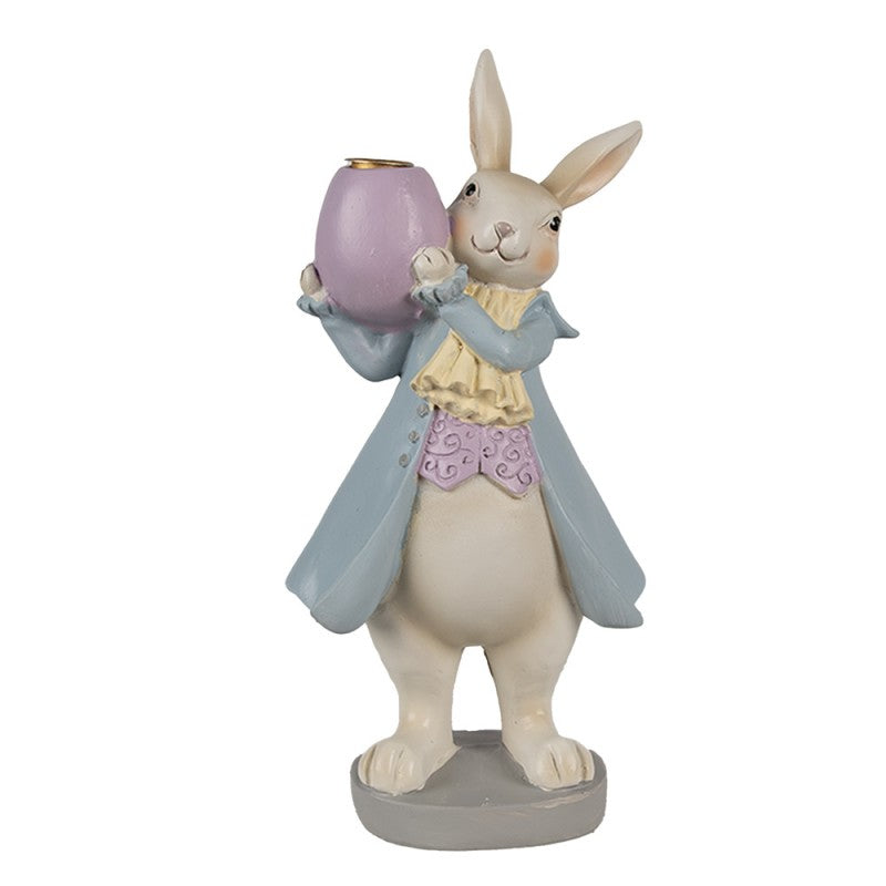 Osterhase Kerzenhalter Herr Hase im Frack mit Osterei Beige-Blau 10x8x20 cm Polyresin für Stabkerzen von Clayre & Eef (6PR4013)