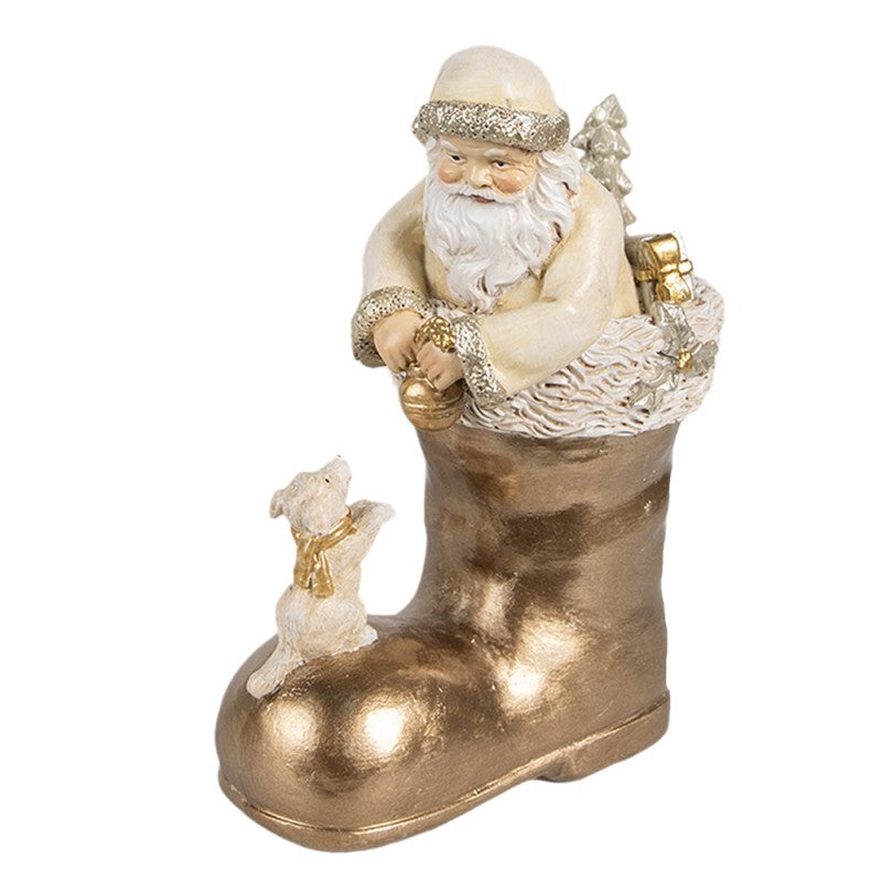 Clayre & Eef Dekofigur „Weihnachtsmann im Stiefel“ aus Polyresin in goldfarbig, 12x7x16 cm (6PR4167)