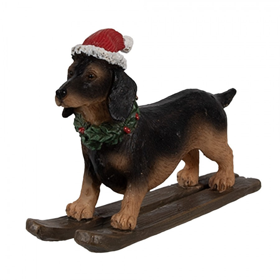 Weihnachtsfigur Hund Dackel auf Skiern mit Nikolausmütze Polyresin Schwarz Braun Rot 10x3x7 cm von Clayre & Eef (6PR4173)