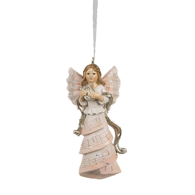 Polyresin-Weihnachtsanhänger Musikengel mit Harfe Rosa 4x3x10 cm von Clayre & Eef (6PR4226)