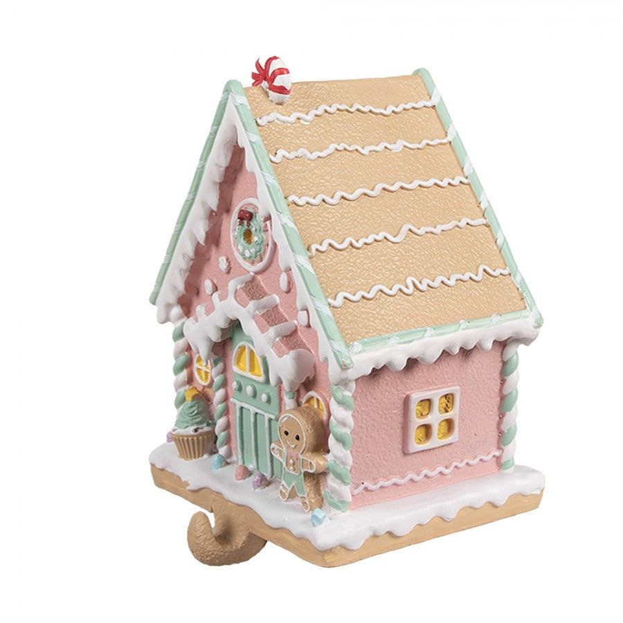 Weihnachtssocken Halter Lebkuchenhaus Kaminhaken Polyresin Pastell Rosa 13x10x18 cm von Clayre & Eef (6PR4264)
