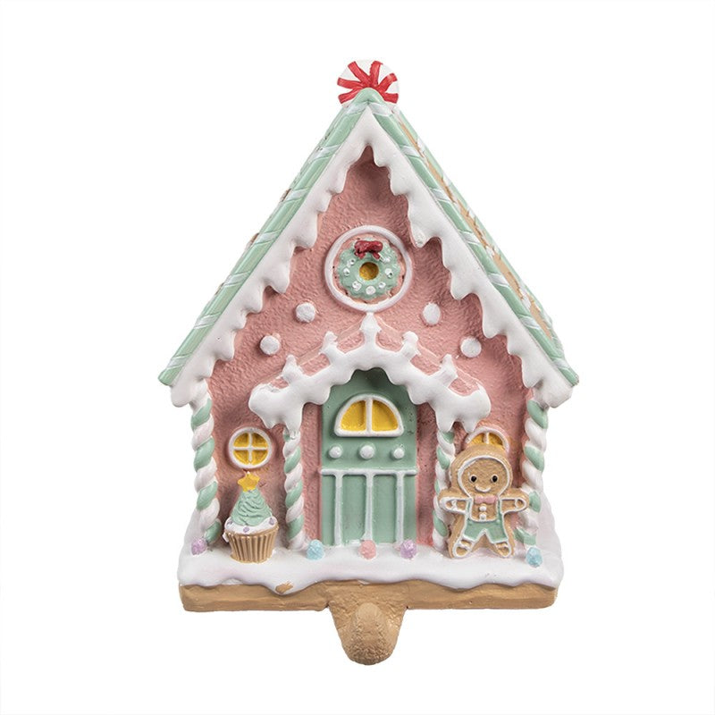 Weihnachtssocken Halter Lebkuchenhaus Kaminhaken Polyresin Pastell Rosa 13x10x18 cm von Clayre & Eef (6PR4264)