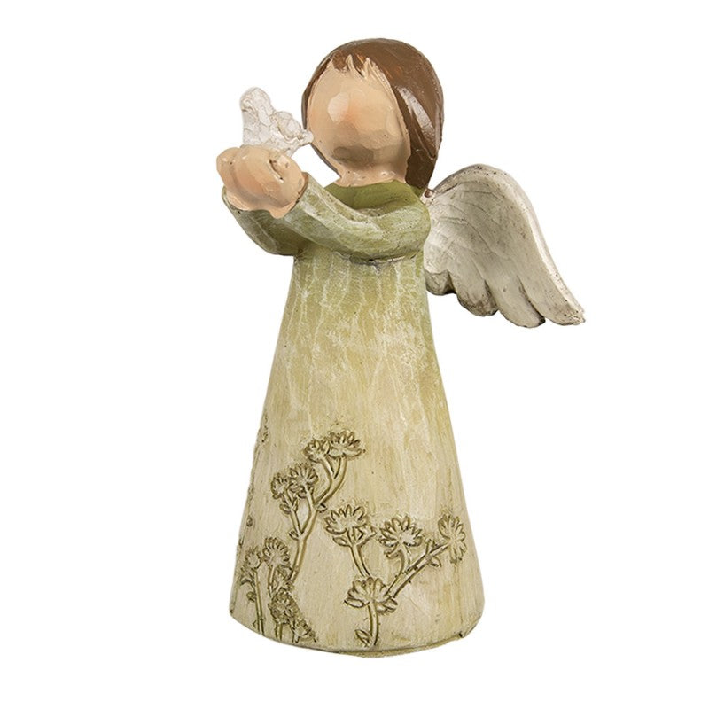 Polyresin-Dekorationsfigur Engel mit Vogel Salbeigrün 7x6x12 cm von Clayre & Eef (6PR4981)