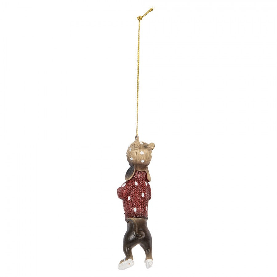 Weihnachtsanhänger Hund Dackel auf Schlittschuhen Pullover Mütze Braun Rot 4x3x10 cm von Clayre & Eef (6PR5306)