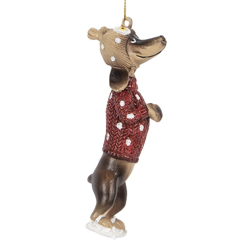 Weihnachtsanhänger Hund Dackel auf Schlittschuhen Pullover Mütze Braun Rot 4x3x10 cm von Clayre & Eef (6PR5306)