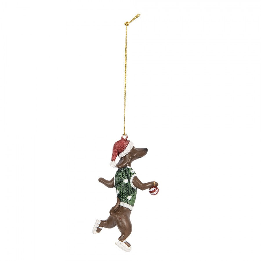 Weihnachtsanhänger Hund Dackel auf Schlittschuhen Pullunder Kugel Braun Grün Rot 6x3x10 cm von Clayre & Eef (6PR5307)