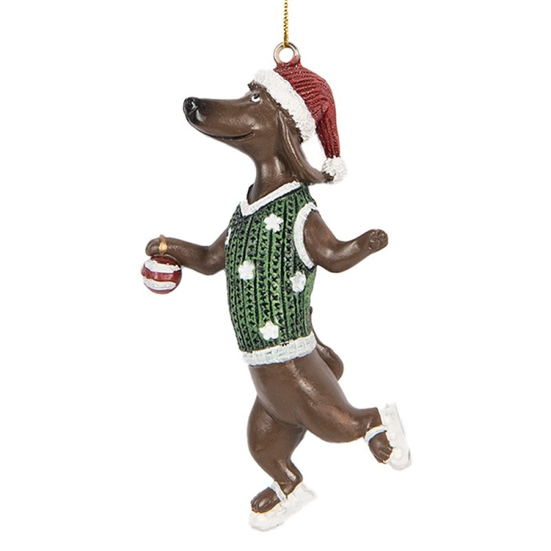 Weihnachtsanhänger Hund Dackel auf Schlittschuhen Pullunder Kugel Braun Grün Rot 6x3x10 cm von Clayre & Eef (6PR5307)