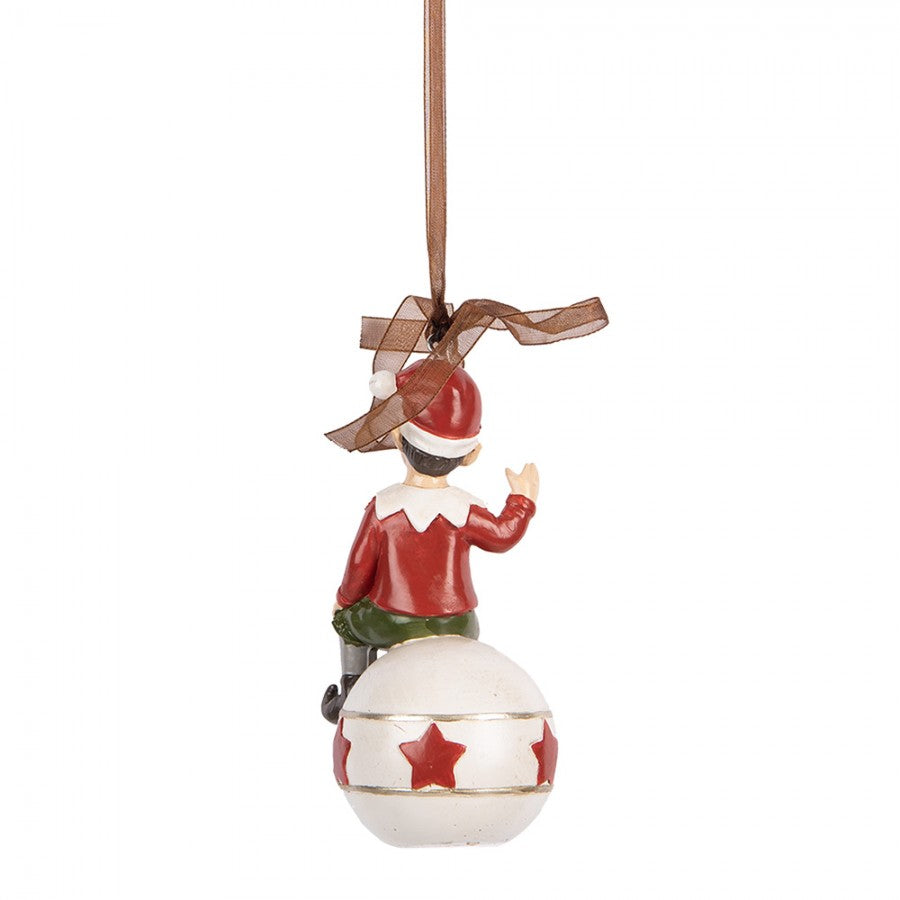 Weihnachtsanhänger Wichtel auf Kugel mit Sternen Rot-Weiß 5x5x10 cm von Clayre & Eef (6PR5389)