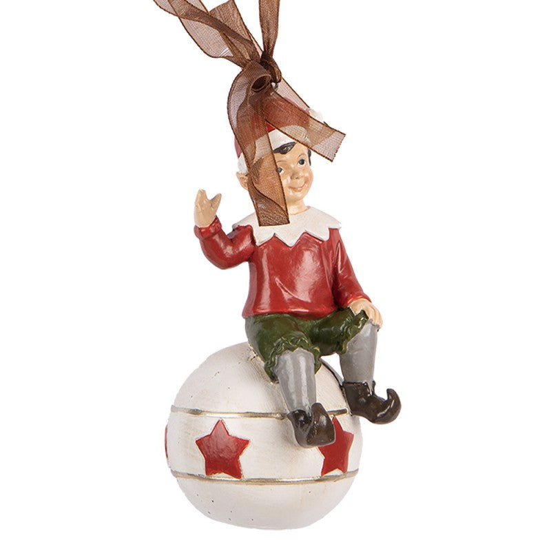 Weihnachtsanhänger Wichtel auf Kugel mit Sternen Rot-Weiß 5x5x10 cm von Clayre & Eef (6PR5389)