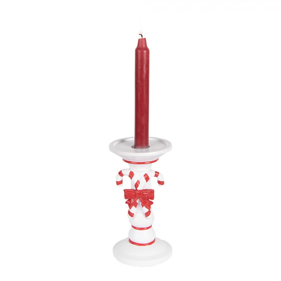 Kerzenständer Zuckerstange & Schleife Weiß-Rot Ø 9x18 cm Polyresin für Stabkerzen von Clayre & Eef (6PR5411)