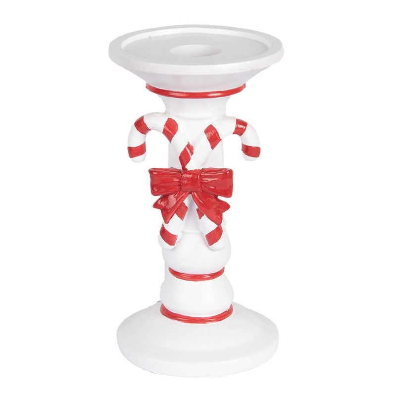 Kerzenständer Zuckerstange & Schleife Weiß-Rot Ø 9x18 cm Polyresin für Stabkerzen von Clayre & Eef (6PR5411)