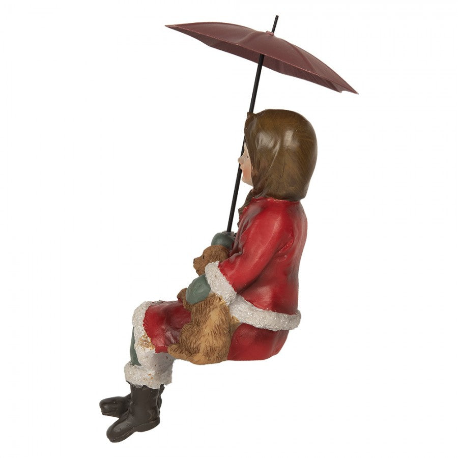 Dekofigur Kind Kantenhocker Mädchen mit Hund Spaniel-Welpe & Schirm Polyresin Rot 10x7x19 cm von Clayre & Eef (6PR5523)