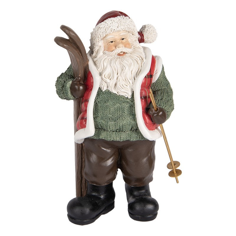 Clayre & Eef Dekofigur „Weihnachtsmann mit Skier “ aus Polyresin in Rot-Weiß, 15x11x25 cm (6PR5524)