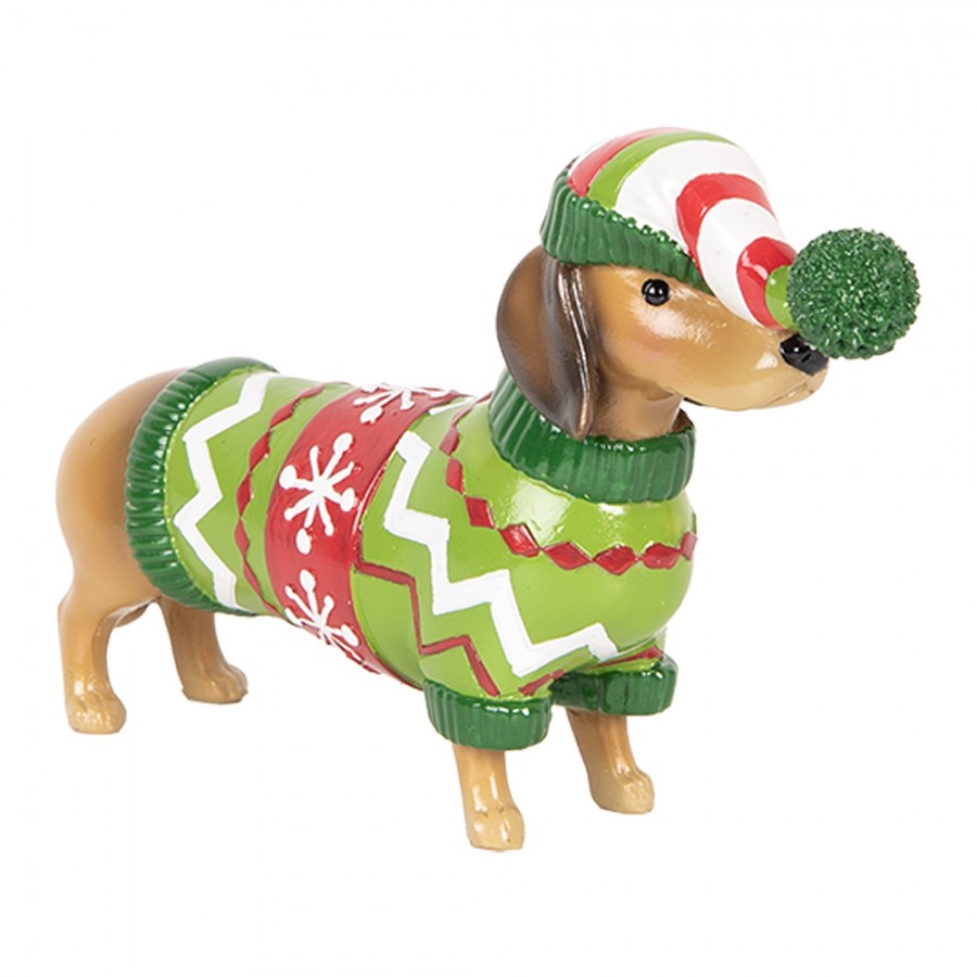 Weihnachtsfigur Hund Dackel im bunten Strickpullover mit Mütze Polyresin Braun Grün Rot 24x5x14 cm von Clayre & Eef (6PR5620)