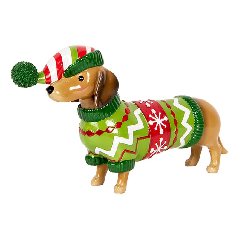 Weihnachtsfigur Hund Dackel im bunten Strickpullover mit Mütze Polyresin Braun Grün Rot 24x5x14 cm von Clayre & Eef (6PR5620)