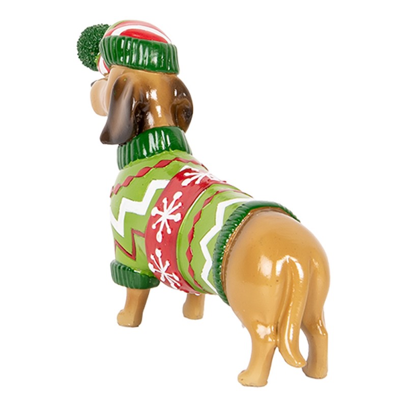 Weihnachtsfigur Hund Dackel im bunten Strickpullover mit Mütze Polyresin Braun Grün Rot 24x5x14 cm von Clayre & Eef (6PR5620)