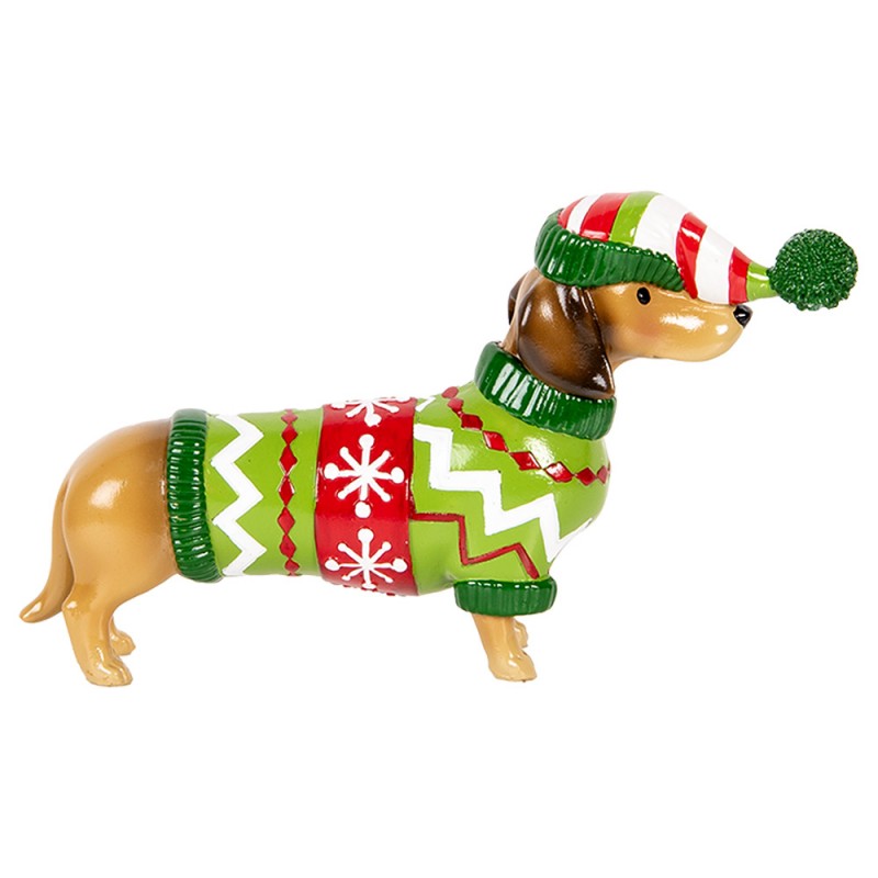 Weihnachtsfigur Hund Dackel im bunten Strickpullover mit Mütze Polyresin Braun Grün Rot 24x5x14 cm von Clayre & Eef (6PR5620)
