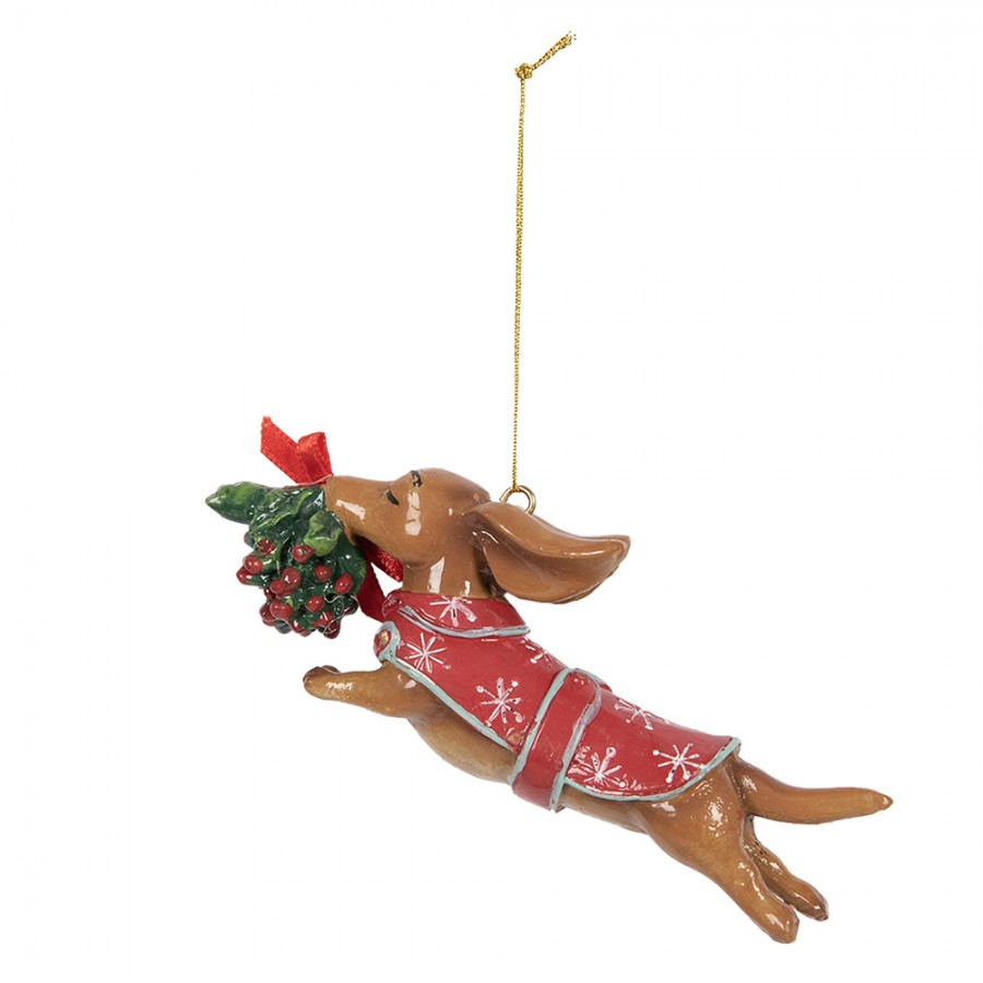 Weihnachtsanhänger Hund Dackel springend mit Mistelzweig Polyresin Braun Rot Grün 12x2x4 cm von Clayre & Eef (6PR5632)
