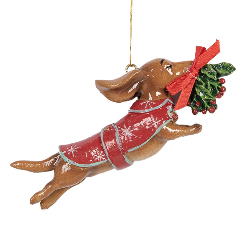 Weihnachtsanhänger Hund Dackel springend mit Mistelzweig Polyresin Braun Rot Grün 12x2x4 cm von Clayre & Eef (6PR5632)