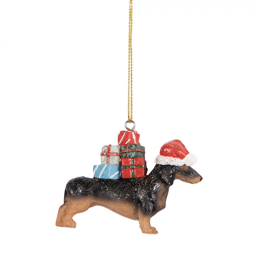 Weihnachtsanhänger Hund Dackel mit Nikolausmütze & Geschenken Schwarz Braun Bunt 7x2x6 cm von Clayre & Eef (6PR5667)