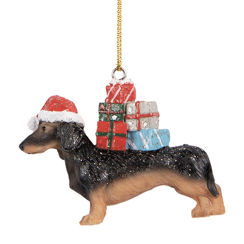 Weihnachtsanhänger Hund Dackel mit Nikolausmütze & Geschenken Schwarz Braun Bunt 7x2x6 cm von Clayre & Eef (6PR5667)