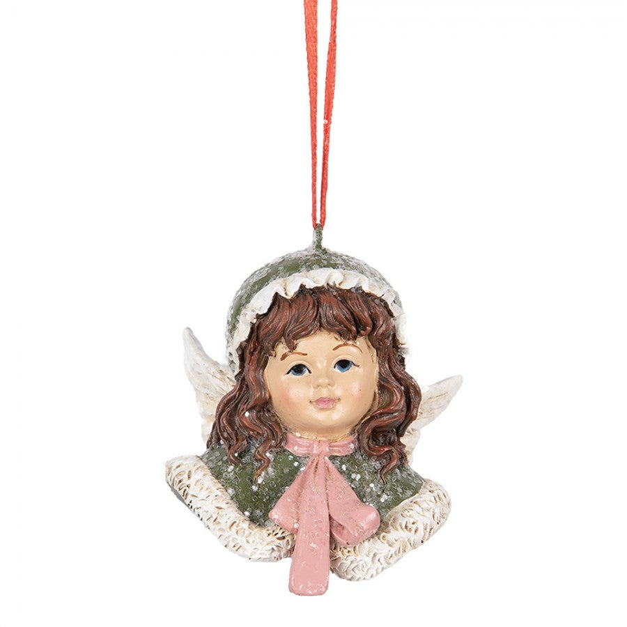 Polyresin-Weihnachtsanhänger Winterengel-Büste Grün-Rosa 7x7x7 cm Christbaumschmuck von Clayre & Eef (6PR5705)