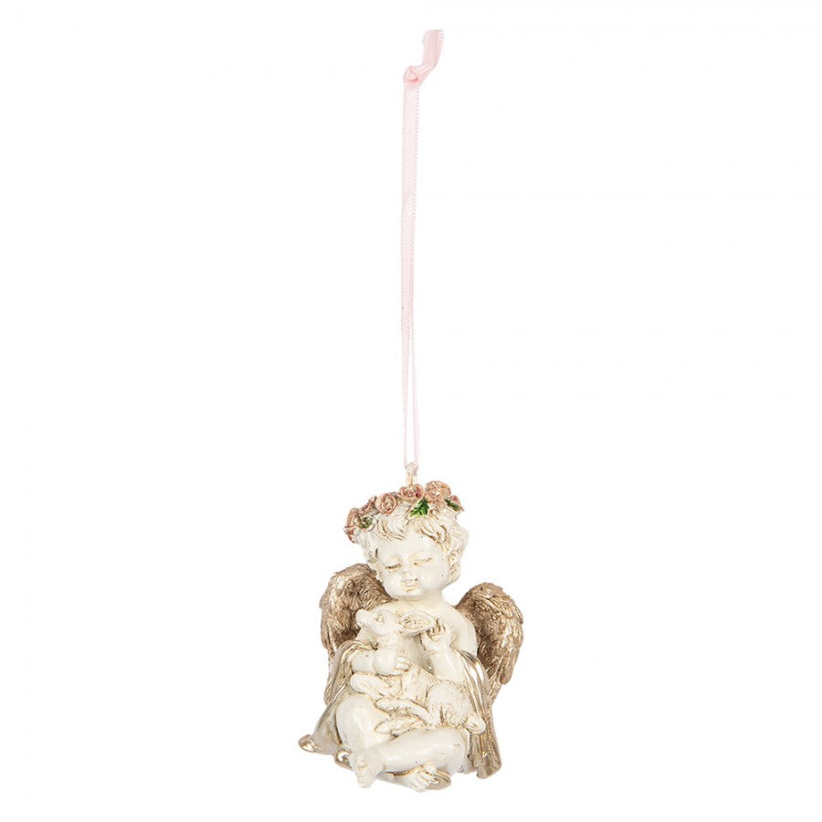 Polyresin-Weihnachtsanhänger Barock-Putto mit Rehkitz Creme-Gold 5x4x6 cm von Clayre & Eef (6PR5707)