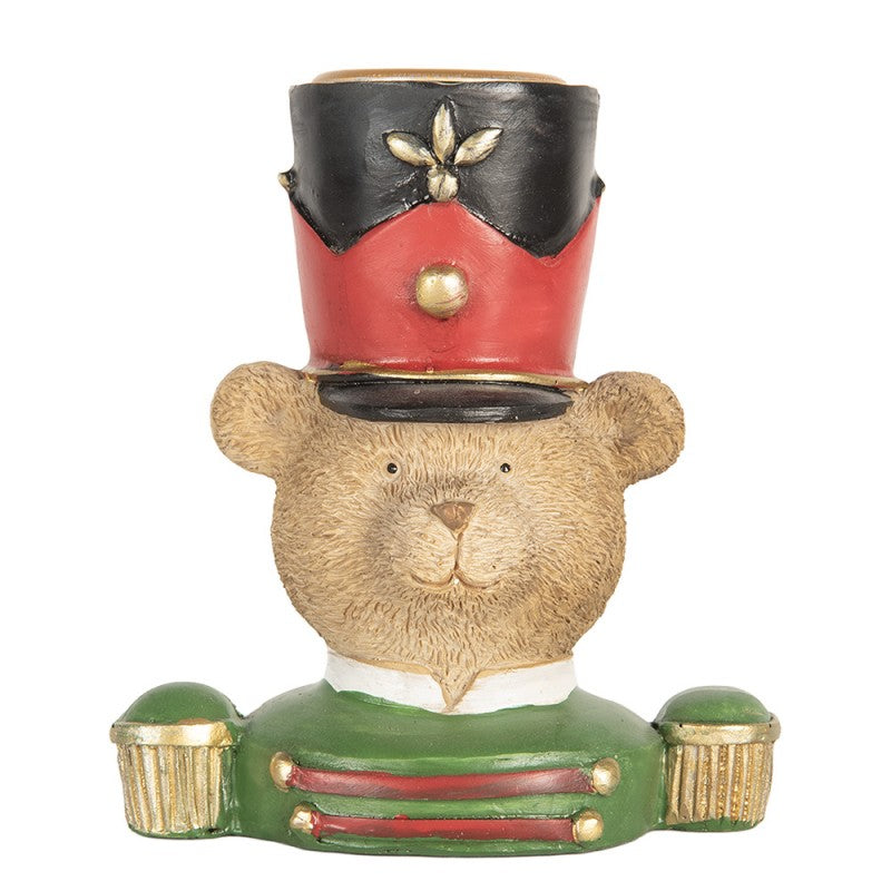 Kerzenständer Teddybär-Soldat Büste Grün-Rot 9x6x10 cm Polyresin für Stabkerzen von Clayre & Eef (6PR5753)