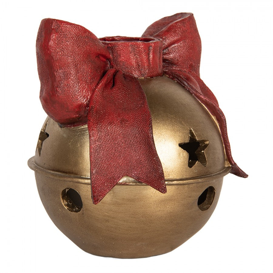Kerzenständer Weihnachtsglocke mit roter Schleife Goldfarben 13x12x13 cm Polyresin für Stabkerzen von Clayre & Eef (6PR5767)
