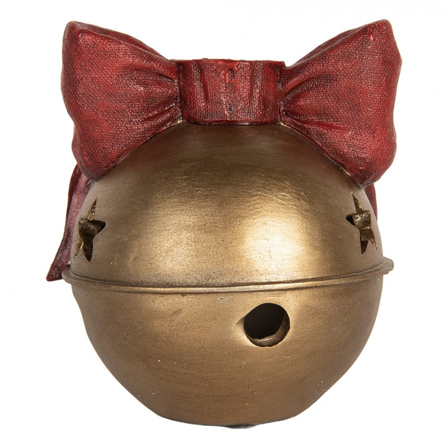 Kerzenständer Weihnachtsglocke mit roter Schleife Goldfarben 13x12x13 cm Polyresin für Stabkerzen von Clayre & Eef (6PR5767)