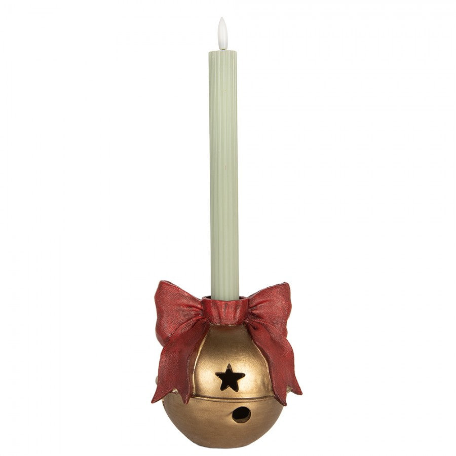 Kerzenständer Weihnachtsglocke mit roter Schleife Goldfarben 13x12x13 cm Polyresin für Stabkerzen von Clayre & Eef (6PR5767)