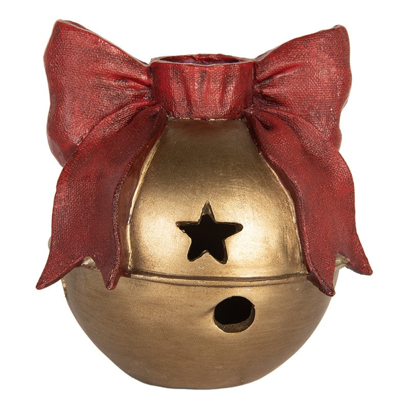 Kerzenständer Weihnachtsglocke mit roter Schleife Goldfarben 13x12x13 cm Polyresin für Stabkerzen von Clayre & Eef (6PR5767)