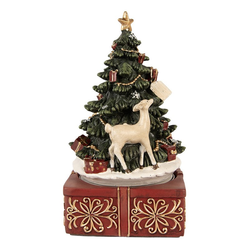 Spieluhr Weihnachtsbaum mit Rehkitz auf Geschenksockel Grün Rot Gold Ø 11x19 cm von Clayre & Eef (6PR5878)