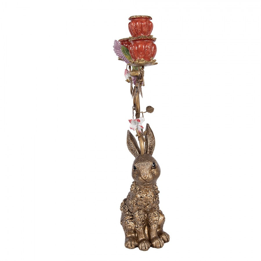 3-flammiger Kerzenständer Hase & Astwerk mit Vogel Gold 24x10x47 cm für Stabkerzen von Clayre & Eef (6PR6036)