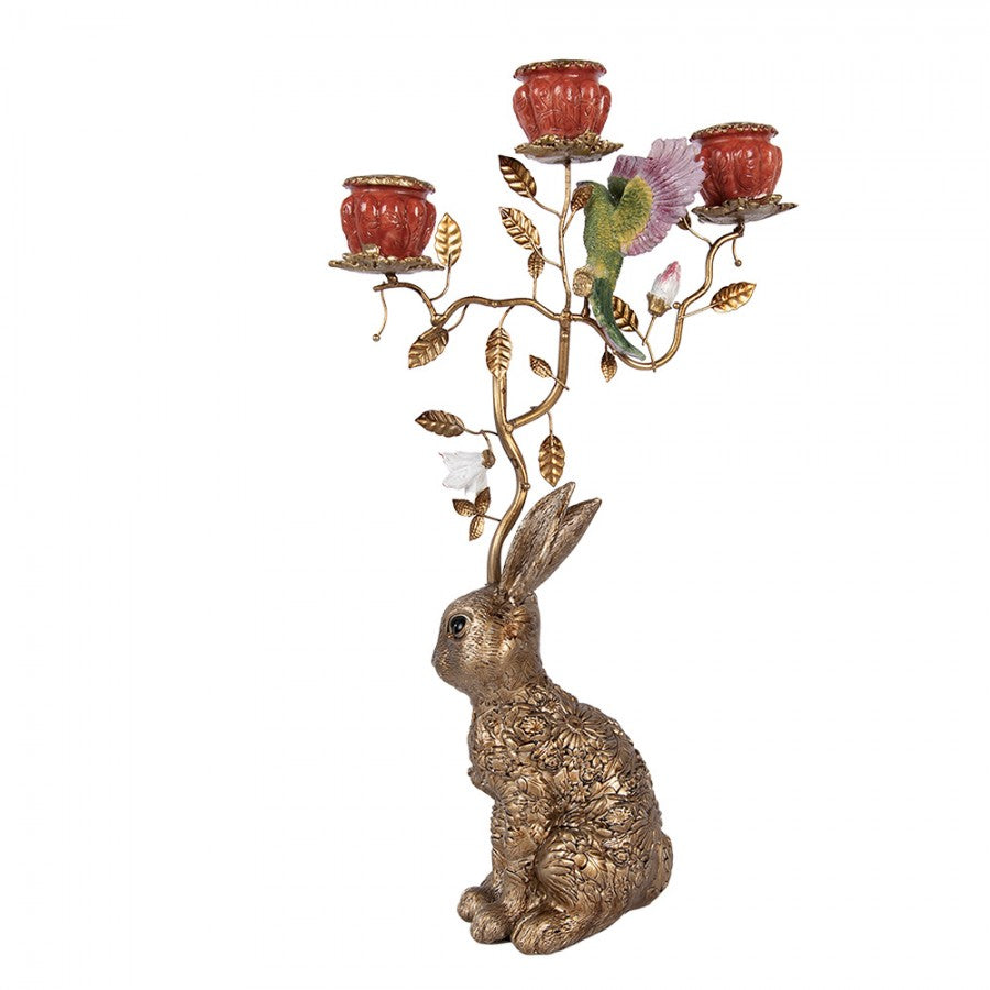 3-flammiger Kerzenständer Hase & Astwerk mit Vogel Gold 24x10x47 cm für Stabkerzen von Clayre & Eef (6PR6036)