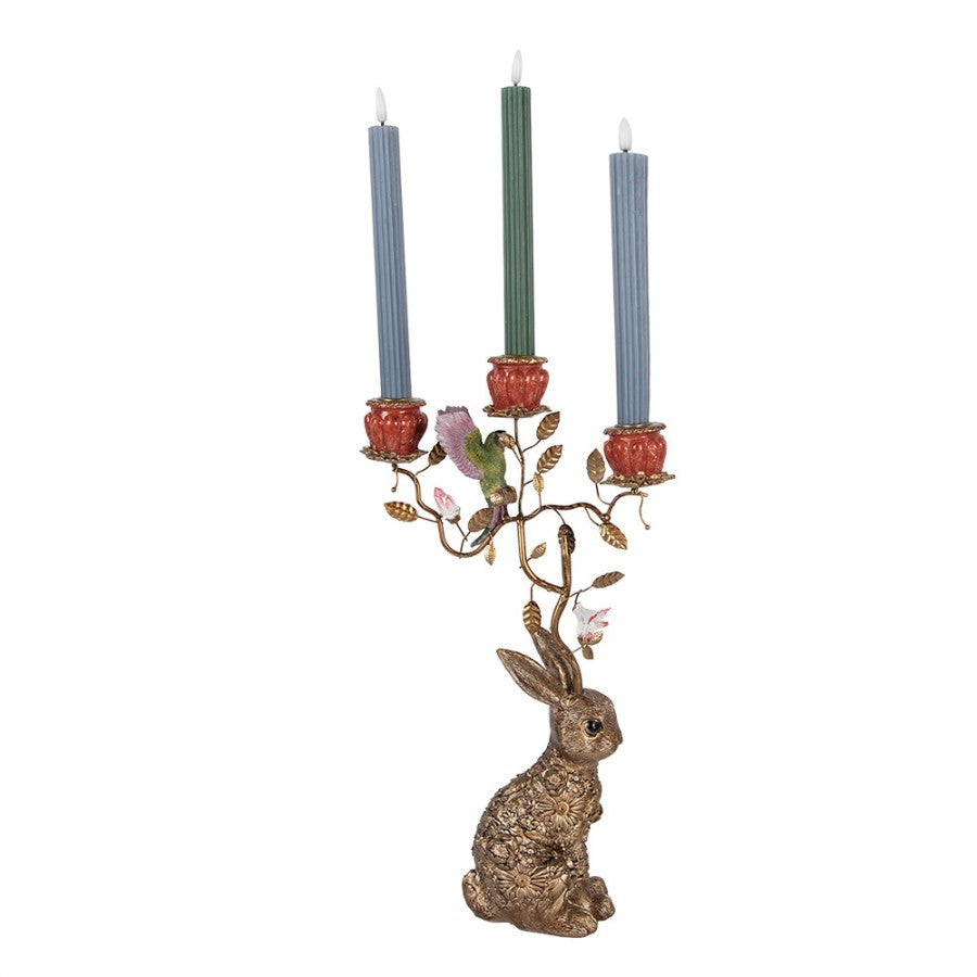 3-flammiger Kerzenständer Hase & Astwerk mit Vogel Gold 24x10x47 cm für Stabkerzen von Clayre & Eef (6PR6036)