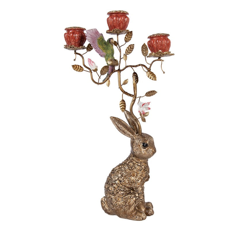 3-flammiger Kerzenständer Hase & Astwerk mit Vogel Gold 24x10x47 cm für Stabkerzen von Clayre & Eef (6PR6036)