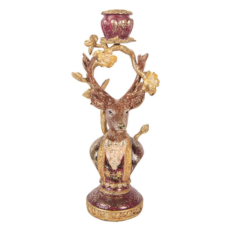 Barock-Kerzenständer Hirsch im Frack Bordeaux-Gold 14x11x31 cm Polyresin für Stabkerzen von Clayre & Eef (6PR6041)