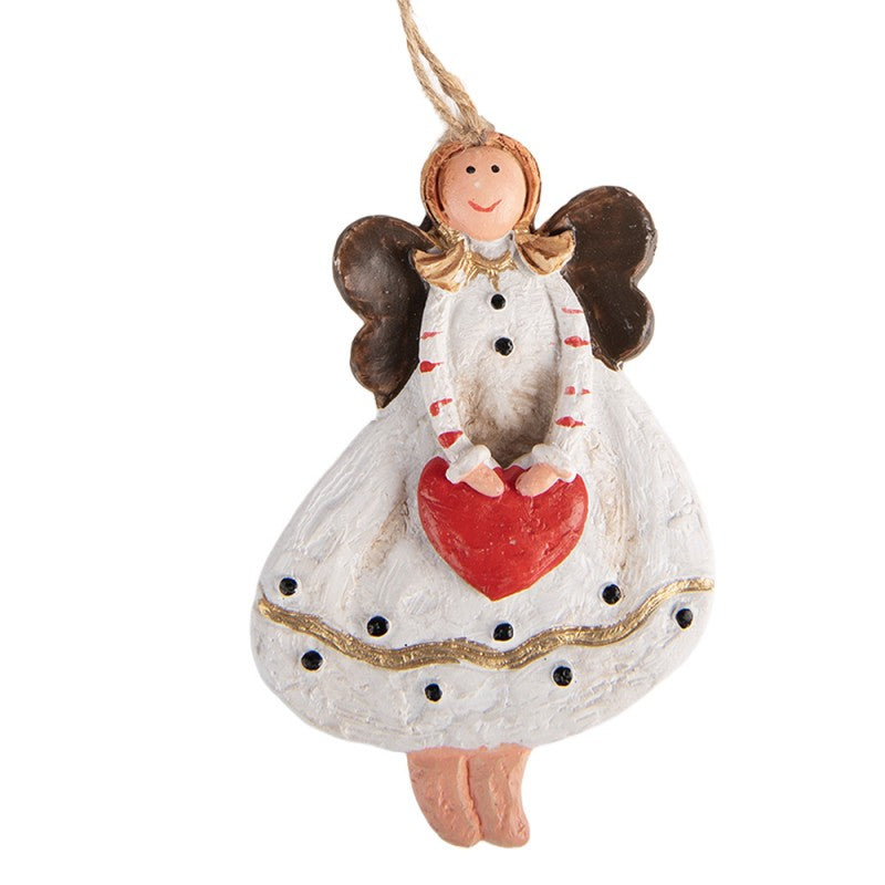 Polyresin-Weihnachtsanhänger Stehender Schutzengel mit Herz Weiß-Rot 4x1x7 cm Christbaumschmuck von Clayre & Eef (6PR6149)