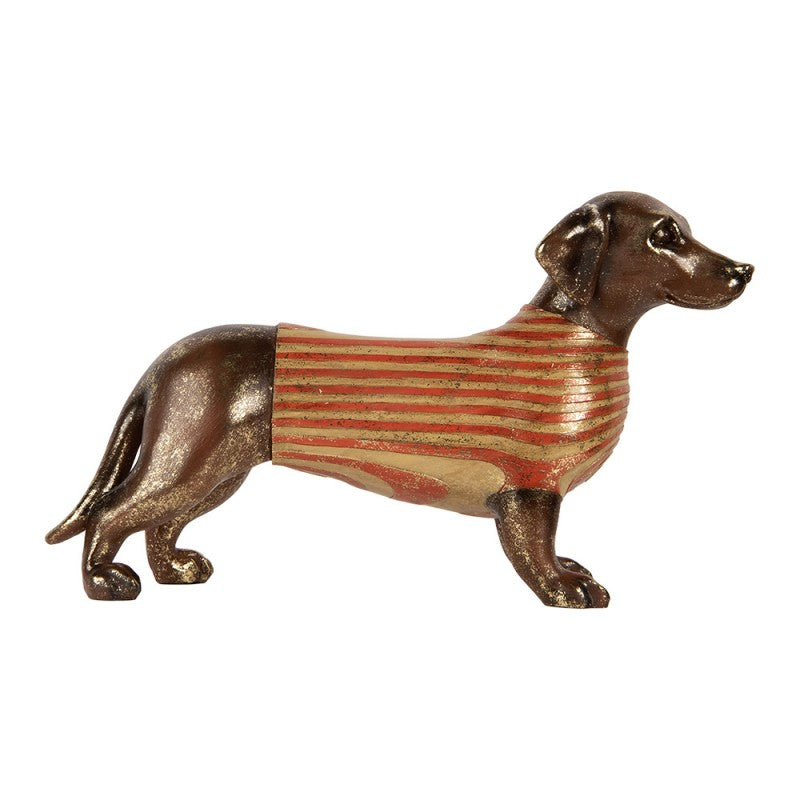 Dekofigur Hund Dackel im Ringelpullover groß Polyresin Bronze Rot Gold 40x11x24 cm von Clayre & Eef (6PR6210)