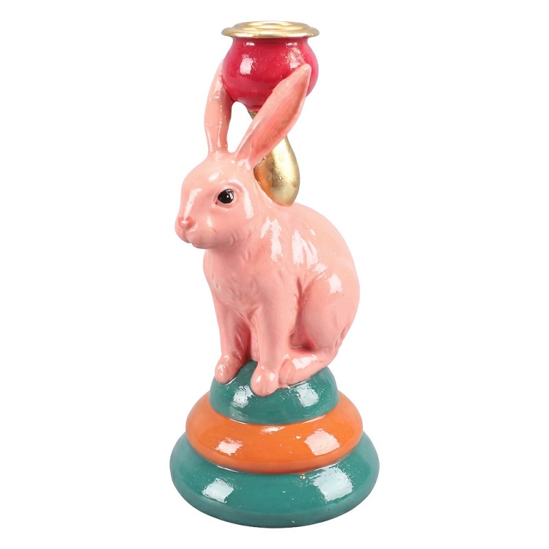 Polyresin-Kerzenständer Kaninchen Rosa auf Podest Ø 10x19 cm für Stabkerzen von Clayre & Eef (6PR6215)