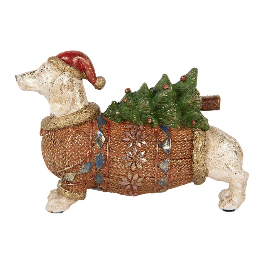 Weihnachtsfigur Hund Dackel mit Tannenbaum & Norwegerpullover Polyresin Weiß Braun 21x6x14 cm von Clayre & Eef (6PR6218)