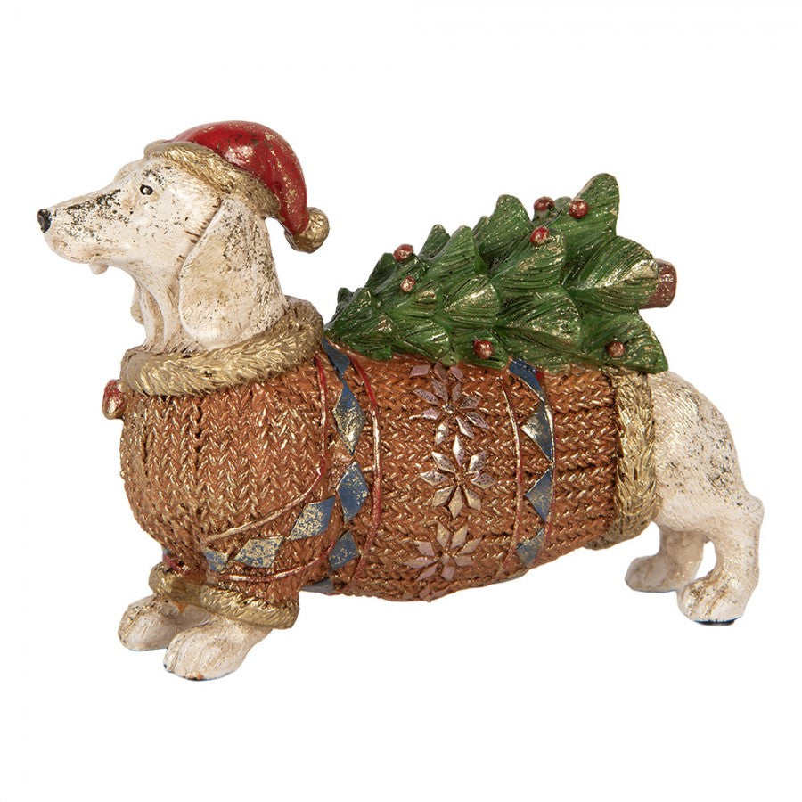 Weihnachtsfigur Hund Dackel mit Tannenbaum & Norwegerpullover Polyresin Weiß Braun 21x6x14 cm von Clayre & Eef (6PR6218)