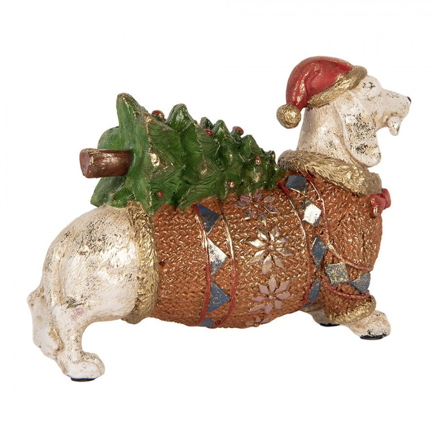 Weihnachtsfigur Hund Dackel mit Tannenbaum & Norwegerpullover Polyresin Weiß Braun 21x6x14 cm von Clayre & Eef (6PR6218)