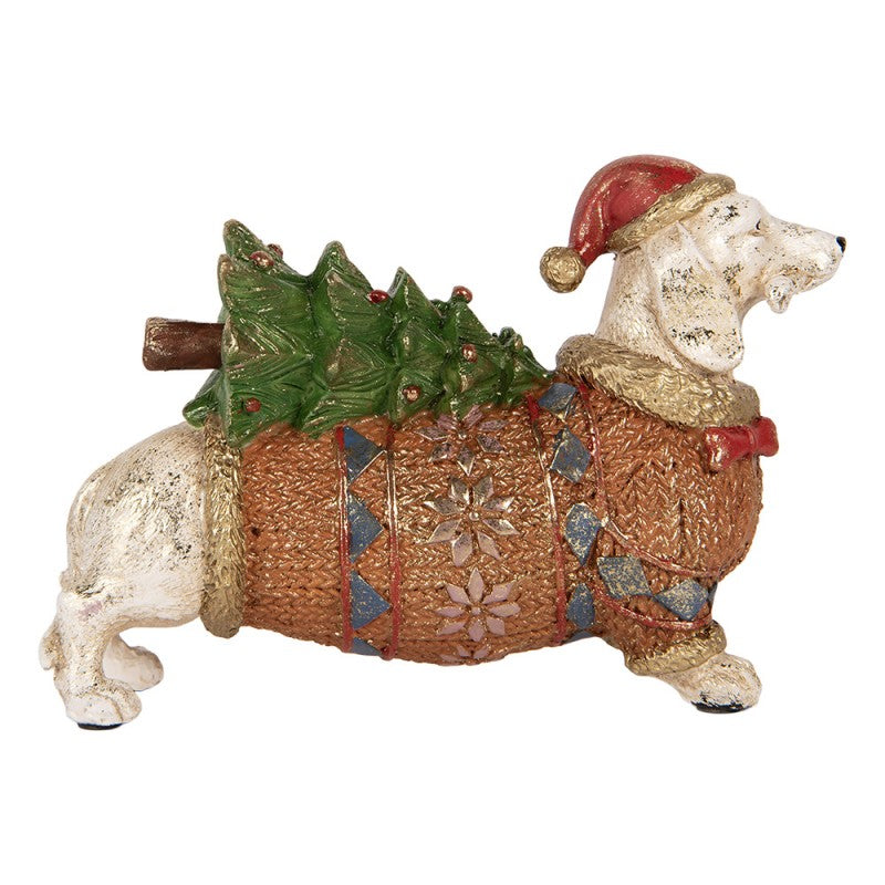 Weihnachtsfigur Hund Dackel mit Tannenbaum & Norwegerpullover Polyresin Weiß Braun 21x6x14 cm von Clayre & Eef (6PR6218)