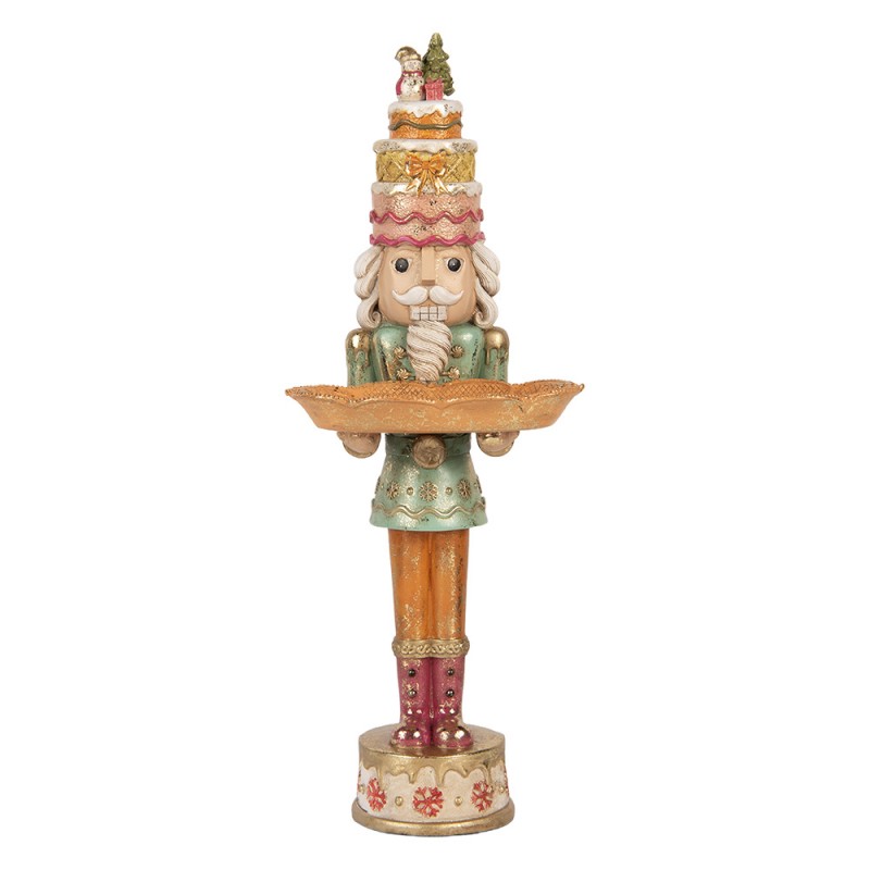 Pastell-Weihnachtsfigur Candyland Nussknacker-Butler mit Torte & Tablett Bunt Polyresin 15x15x41 cm von Clayre & Eef (6PR6220)
